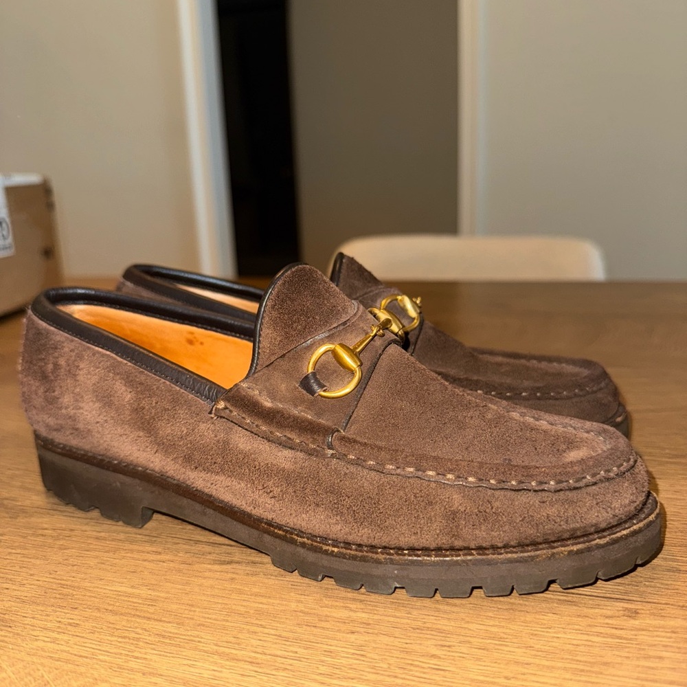 Gucci Brown Suede Loafers with Gold Detail